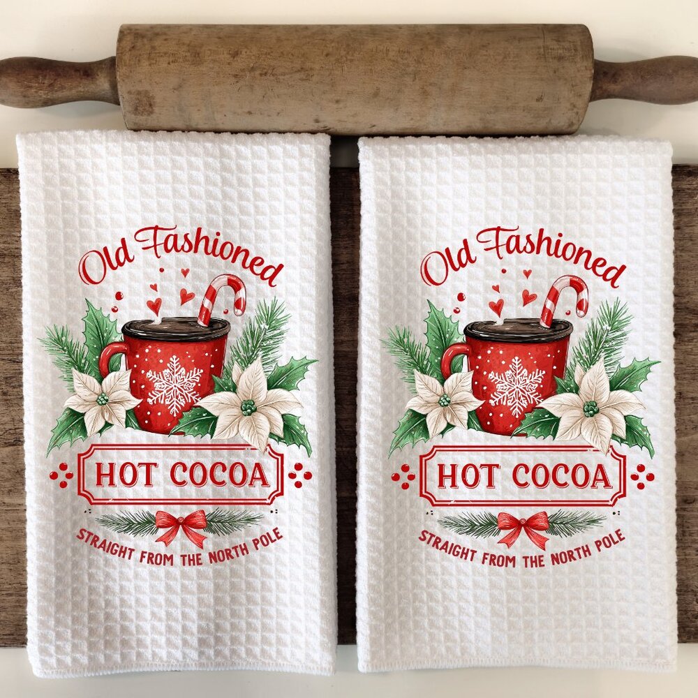 Christmas Kitchen Towel Set, Old Fashioned Hot Cocoa Towels, Vintage Towel